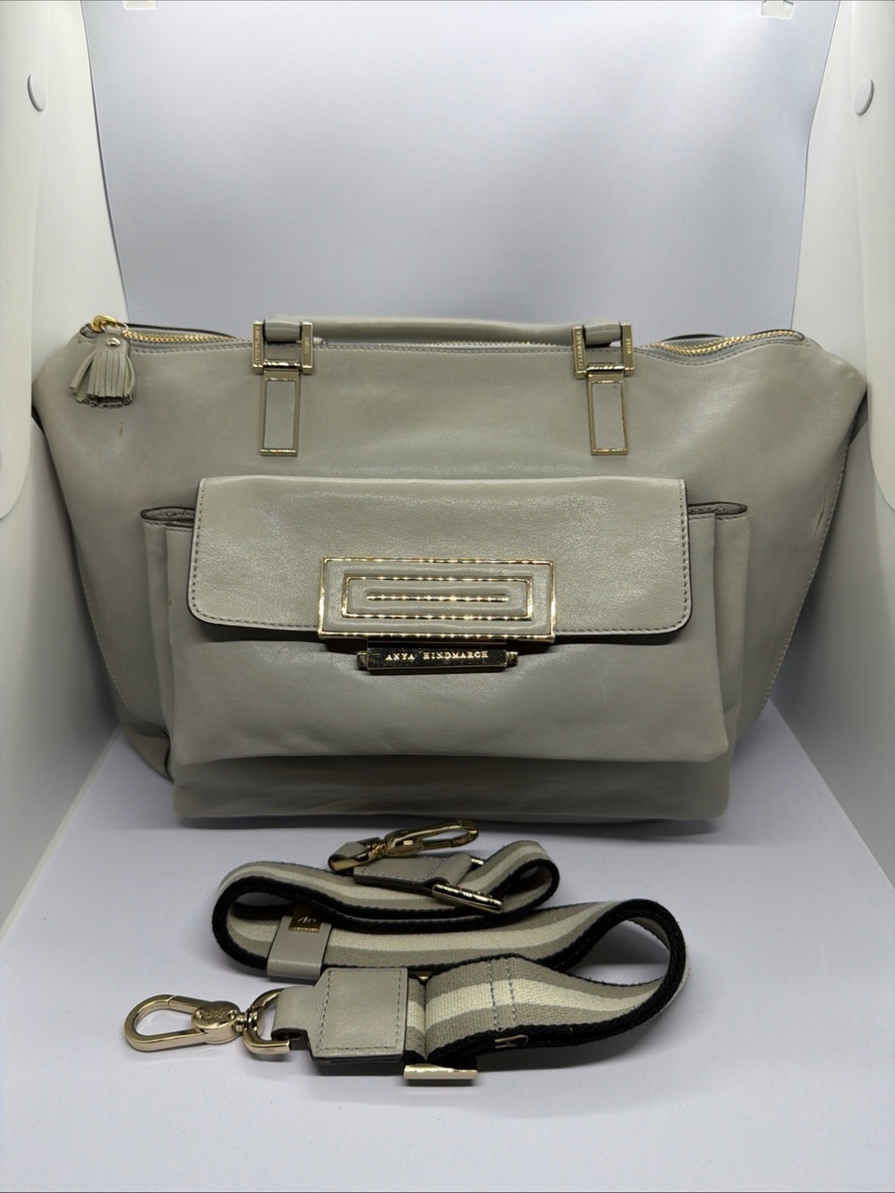 Anya Hindmarch Light Gray Leather Shoulder Bag with Gold Hardware